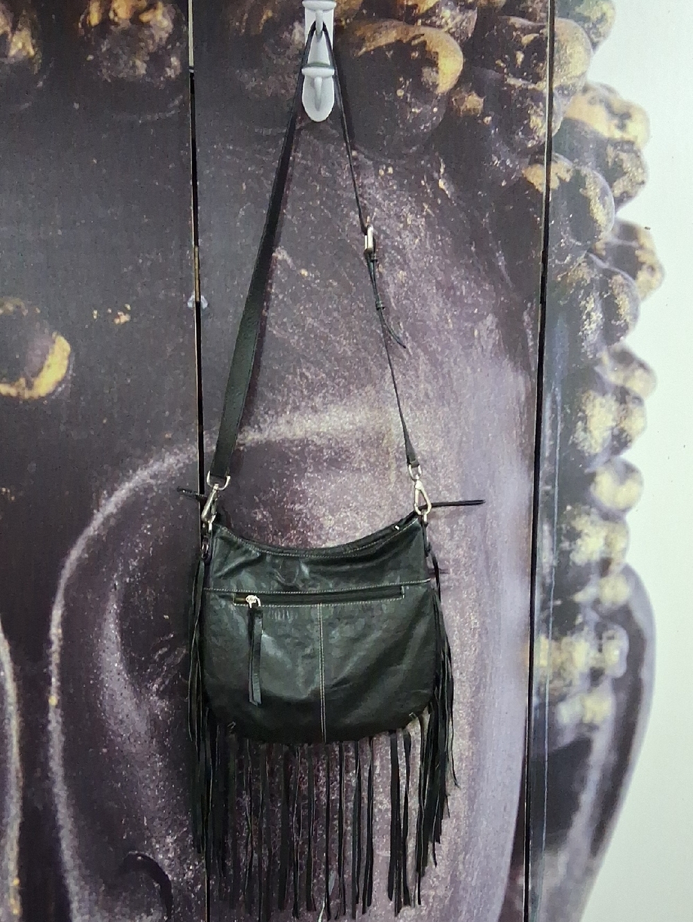 Firenze Bella Fringe Leather Black Leather Crossbody Handbag With Grommets
